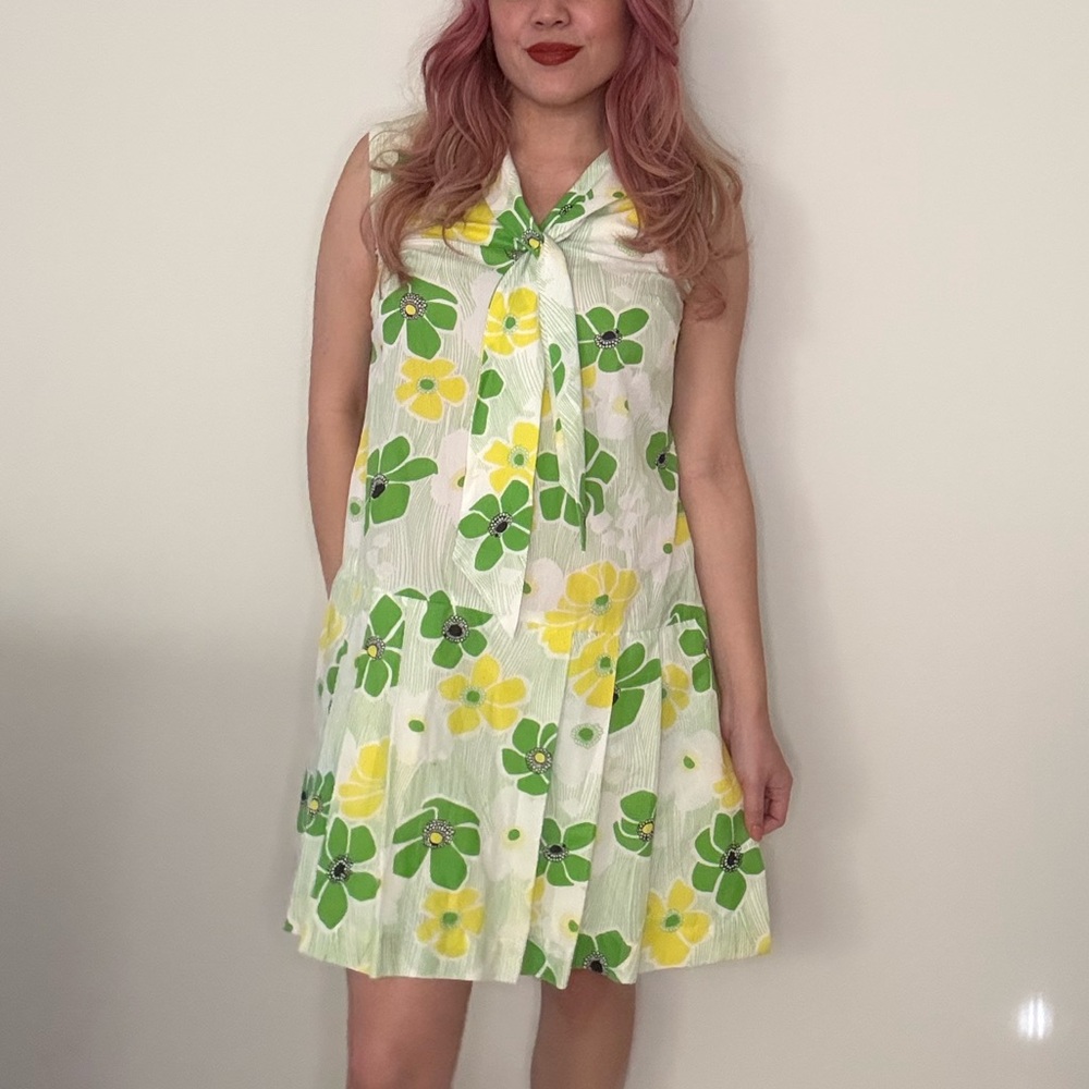 VINTAGE 60s Floral White Green Yellow Daisy Mod Retro Pleated Romper M/L